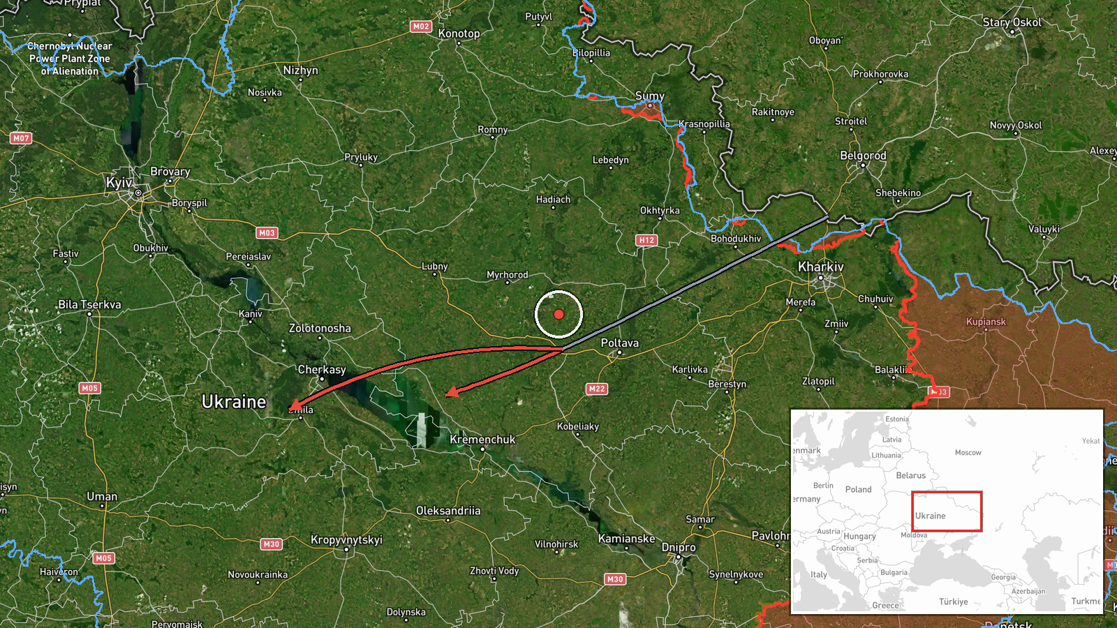En route: Reshetylivka, Poltava Oblast → Cherkasy Oblast, Ukraine — Drone Transit location map