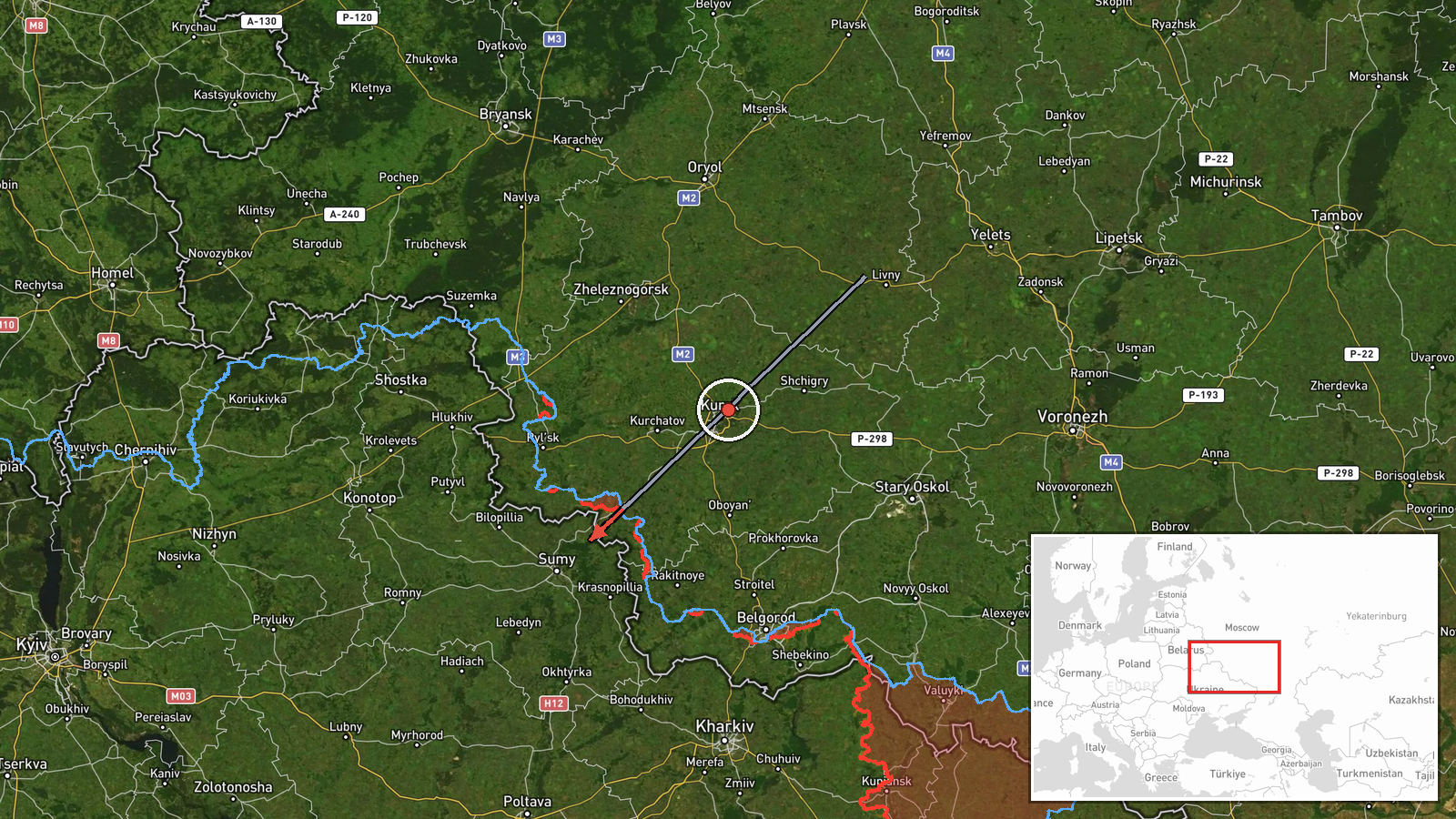 En route: Kursk Oblast → Sumy Oblast, Ukraine — Drone Transit location map