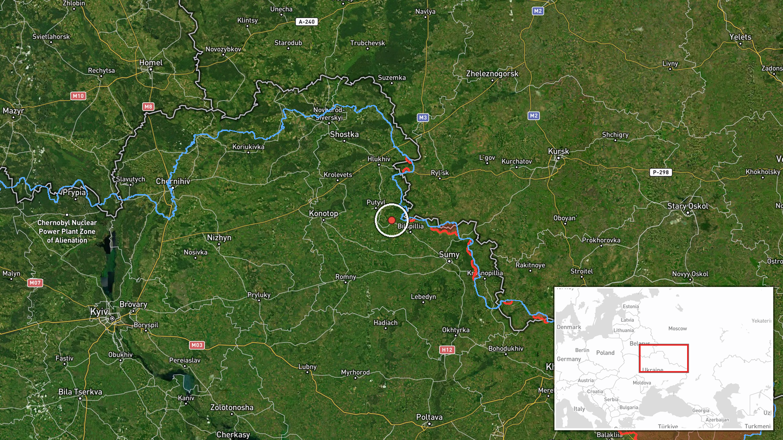 En route: Shostka → Konotop/Pryluki, Sumy Oblast, Ukraine — Cruise Missile location map