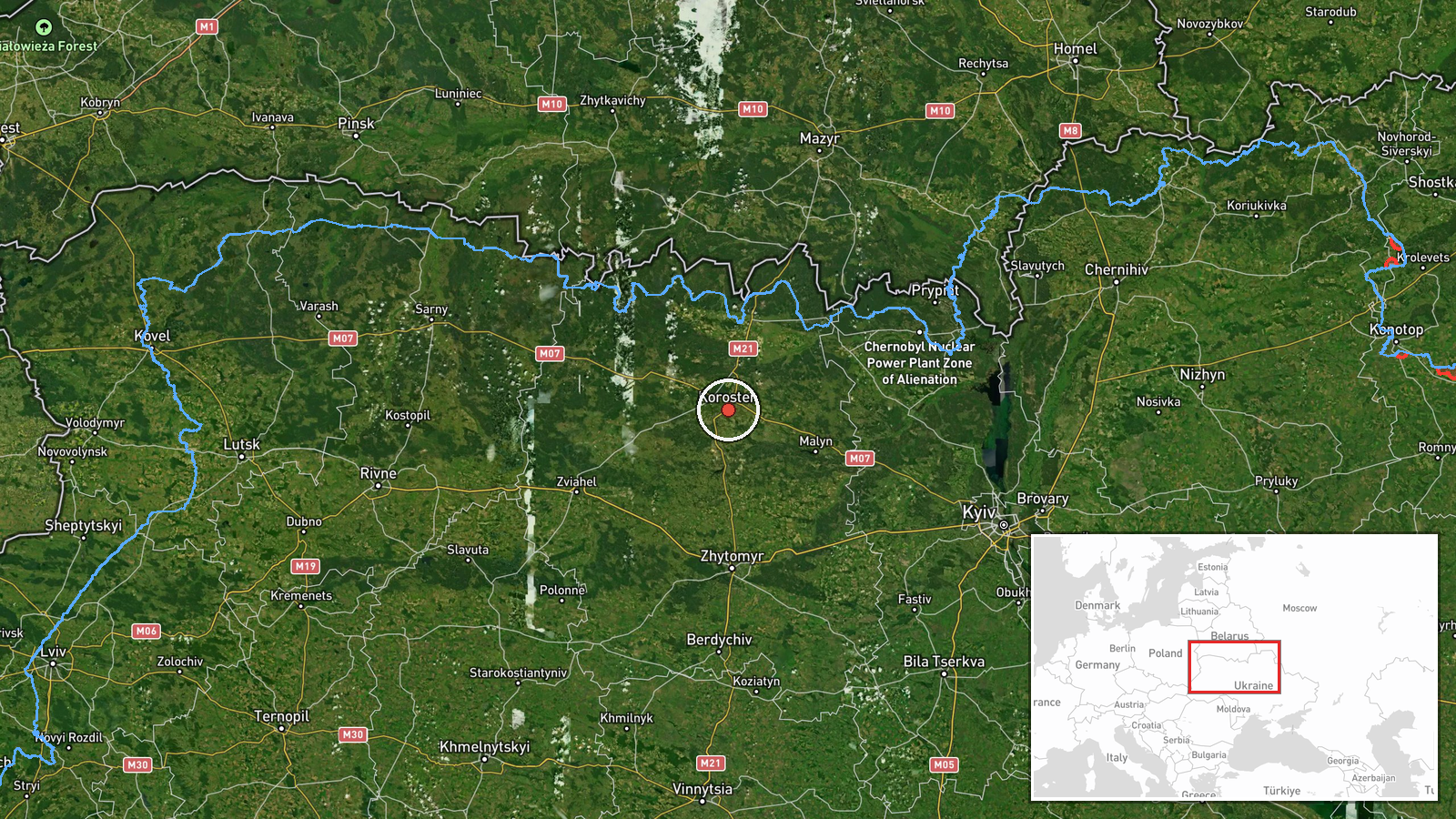 Korostén, Zhytomyr Oblast, Ukraine — Drone Transit location map