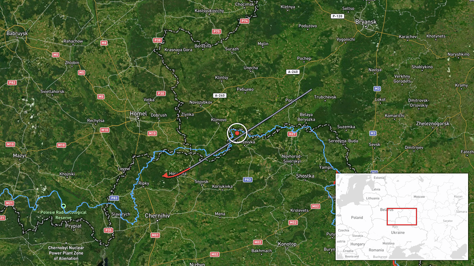 Horodnia, Chernihiv Oblast, Ukraine — Drone Transit location map