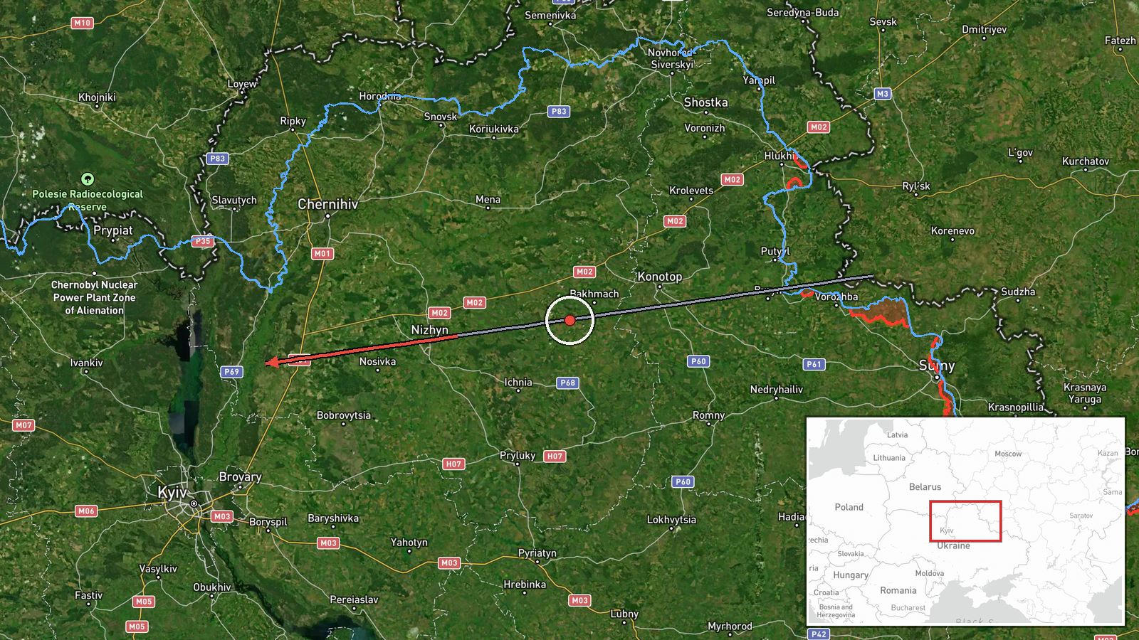 En route: Nizhyn, Chernihiv Oblast → Kyiv Oblast, Ukraine — Drone Transit location map