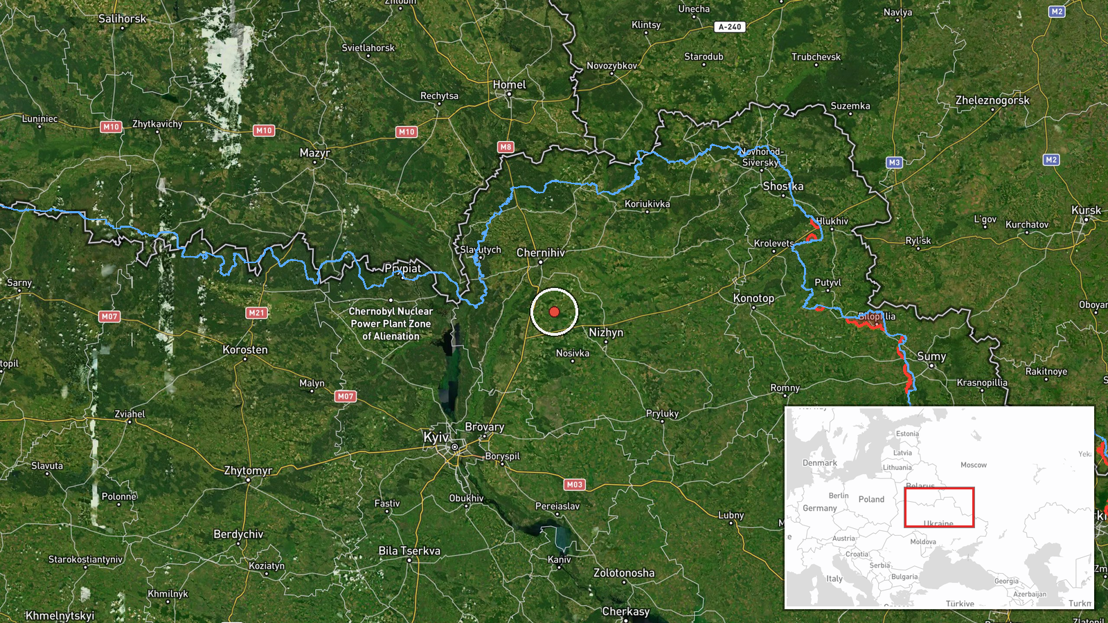 En route: Krasiatichi, Chernihiv Oblast → Korosten, Zhytomyr Oblast, Ukraine — Drone Transit location map