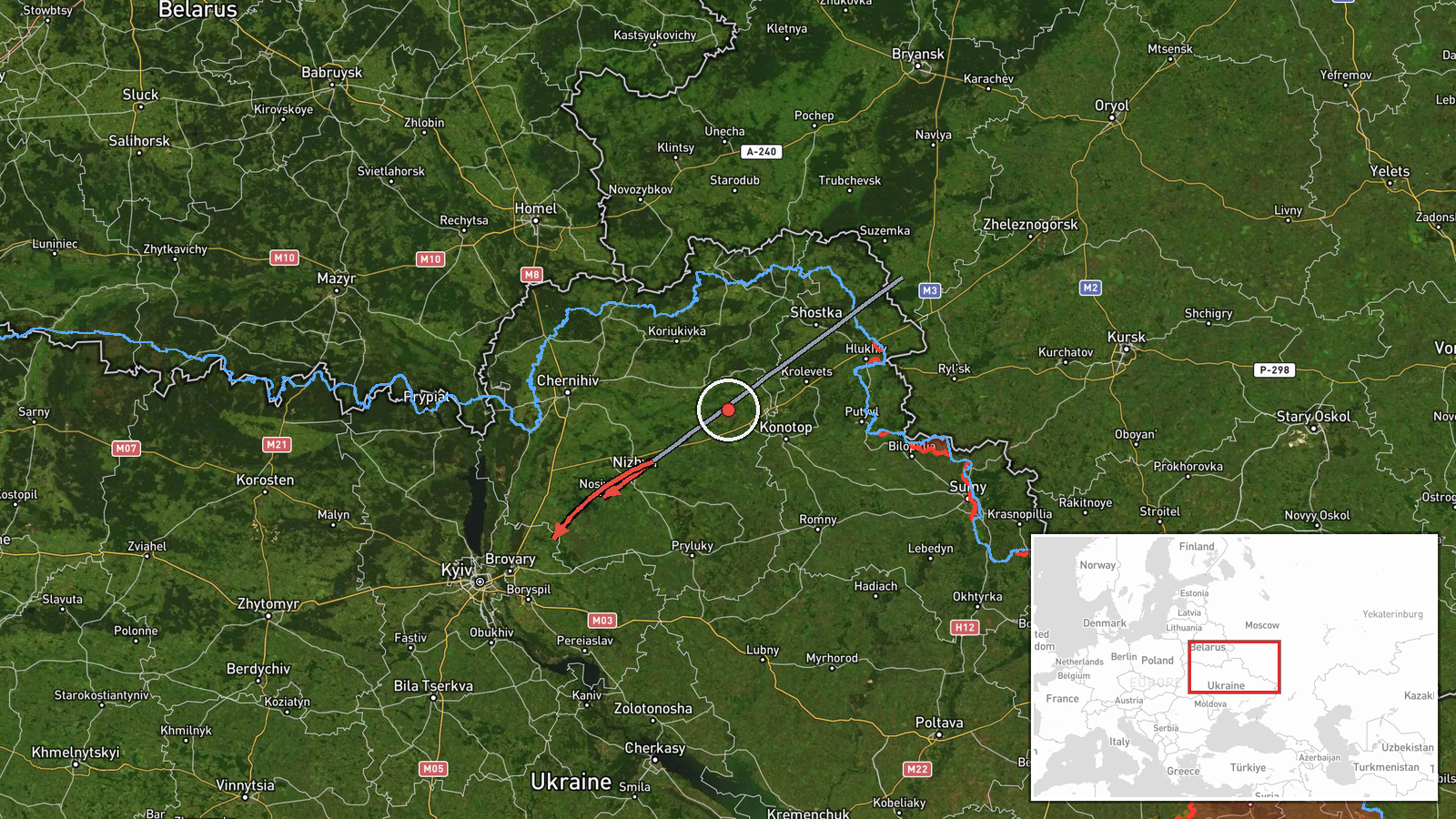 En route: Kipti, Chernihiv Oblast → Kyiv Oblast, Ukraine — Drone Transit location map