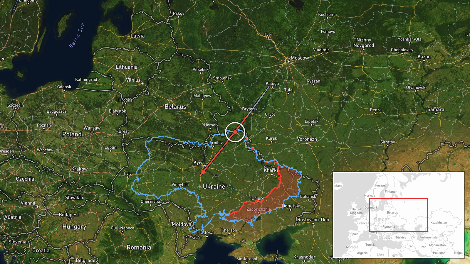 En route: Bryansk Oblast, Russia → Kyiv Oblast, Ukraine — Drone Transit location map