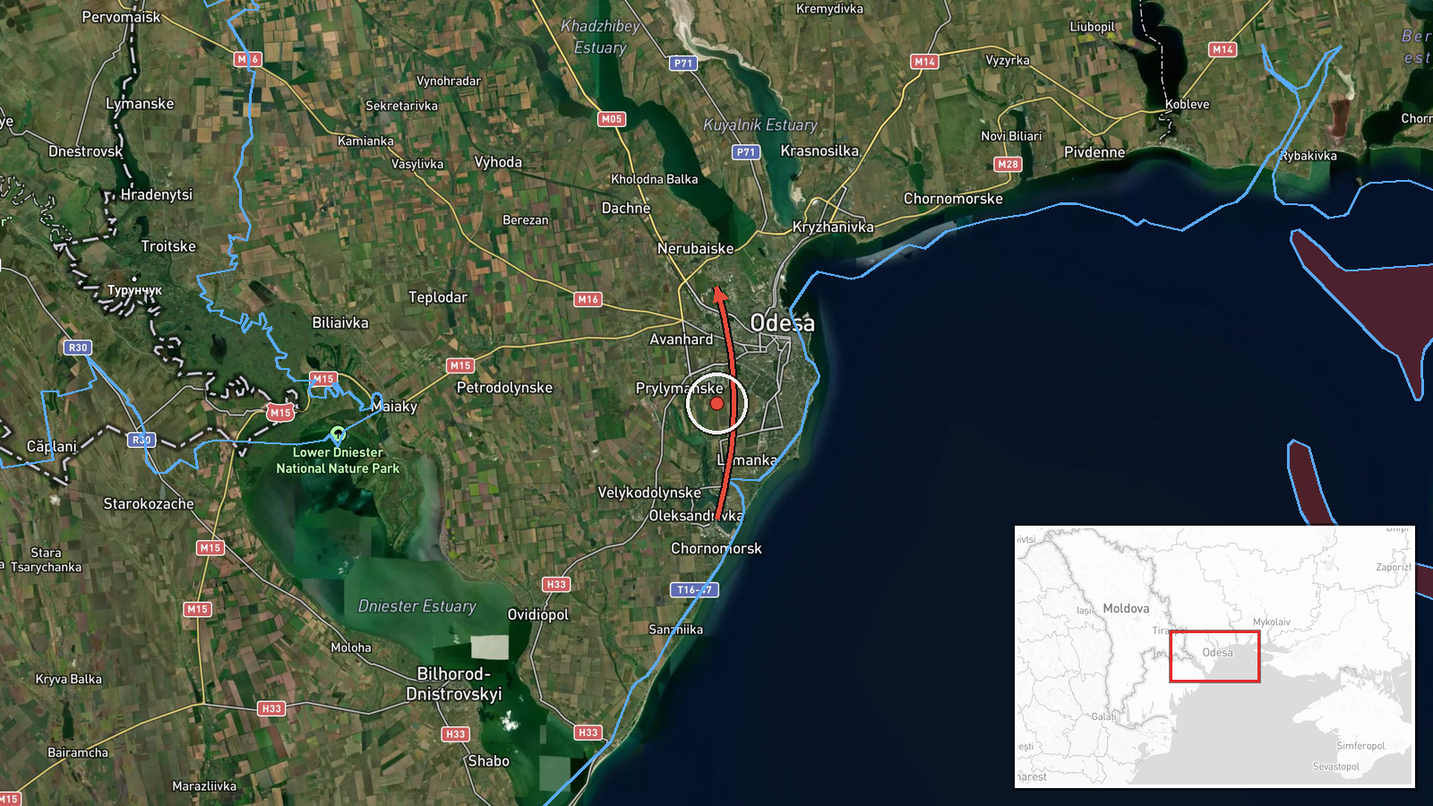 Chornomorsk to Usatove, Odesa Oblast, Ukraine — Drone Transit location map