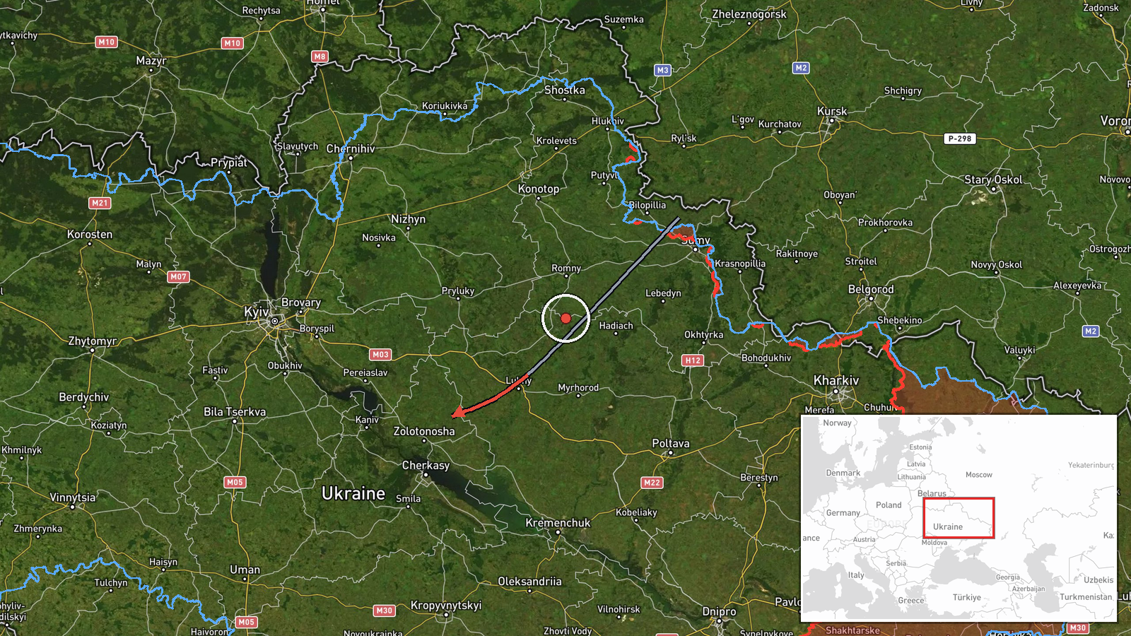 Zolotonosha, Cherkasy Oblast, Ukraine — Drone Transit location map