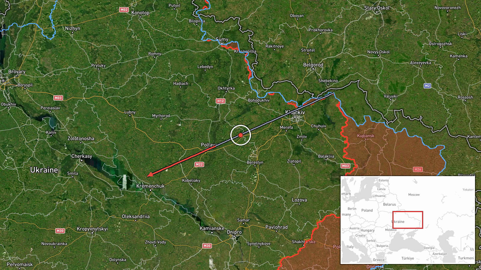 Poltava Oblast to Cherkasy Oblast, Ukraine — Drone Transit location map