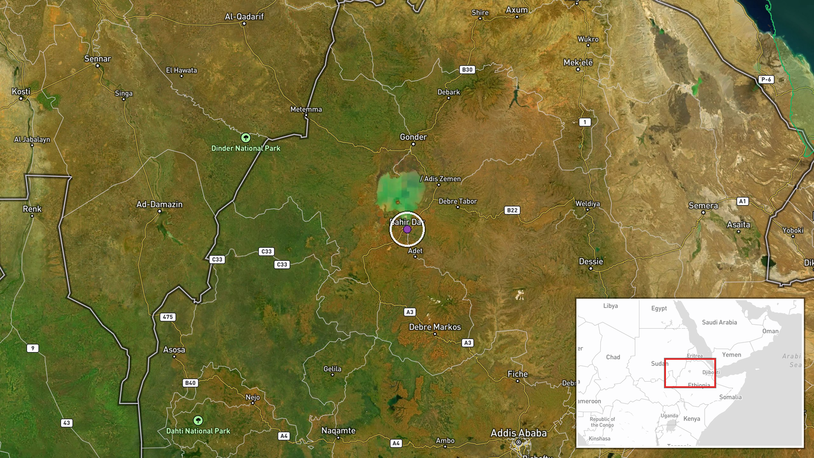 Amhara Region (conflict zone), Ethiopia — Combat location map
