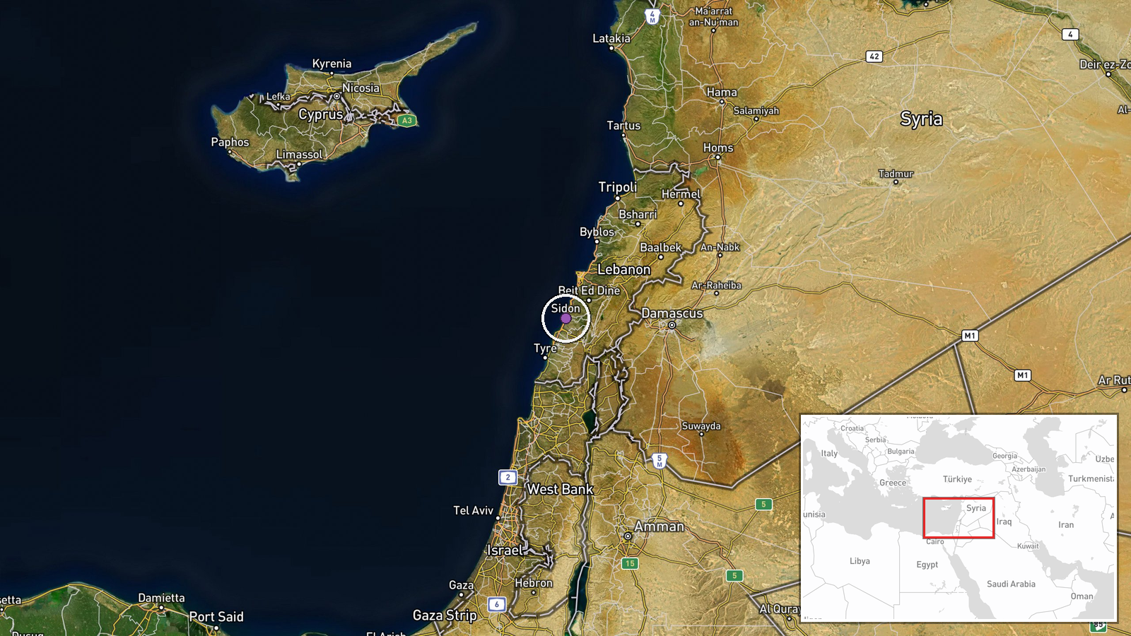 Kafrman, South Lebanon — Artillery location map