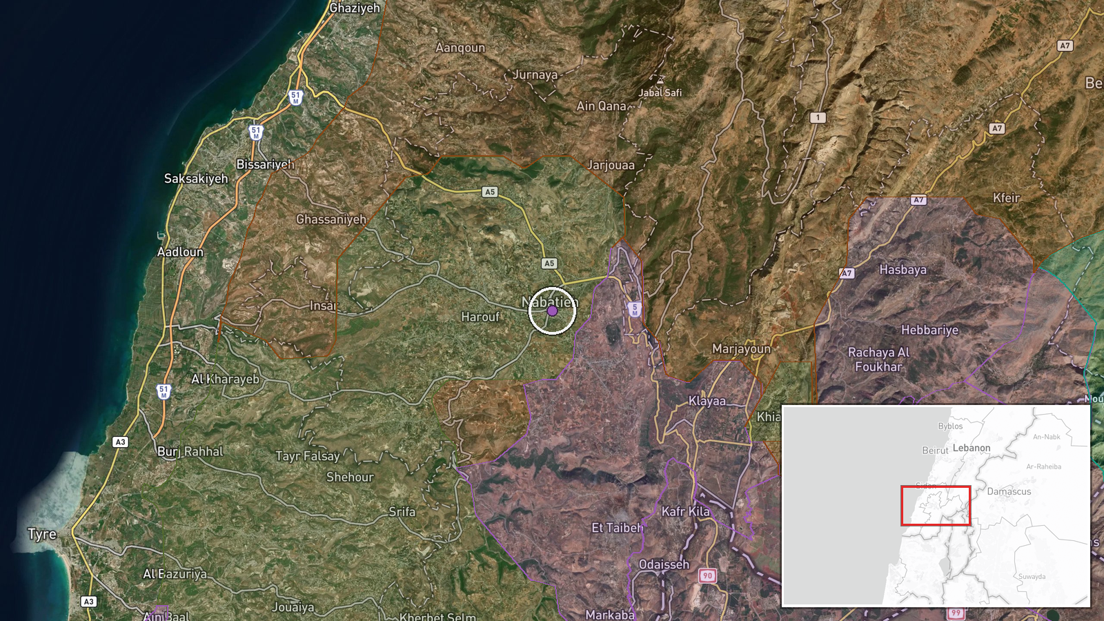 Nabatieh, South Governorate, Lebanon — Airstrike location map
