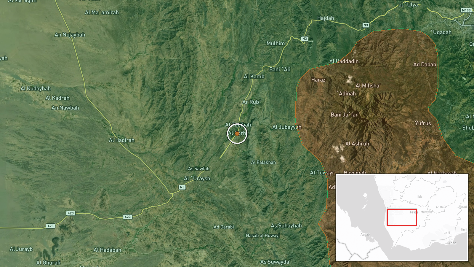 Al-Barh-Al-Mukha Road, Taiz Governorate, Yemen — Airstrike location map
