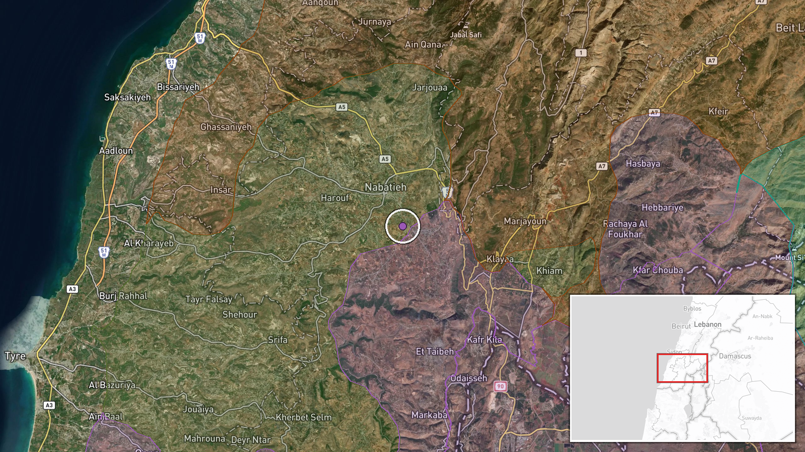 Nabatieh al-Fawqa, South Governorate, Lebanon — Airstrike location map