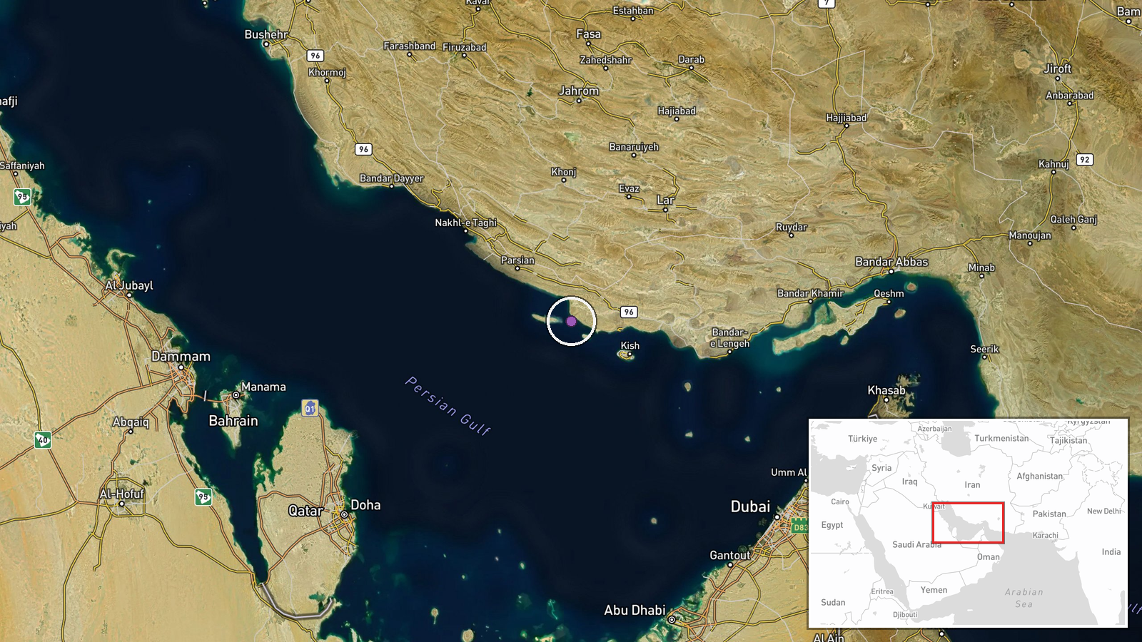 Southern Iranian Coast, Strait of Hormuz Region, Iran — Airstrike location map