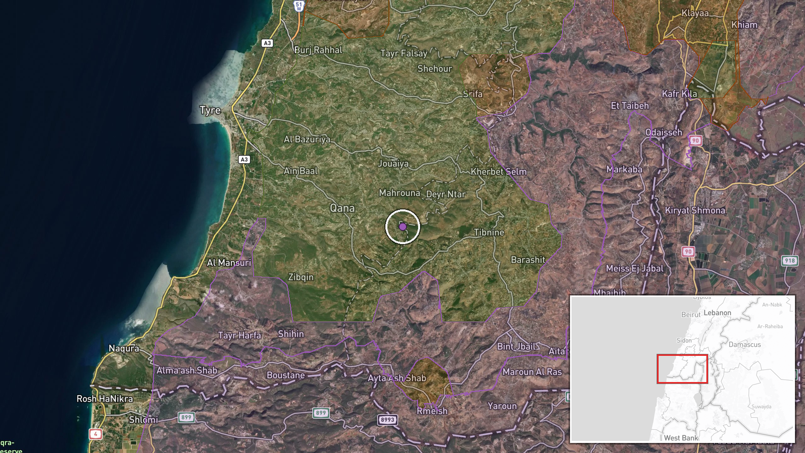 South Lebanon — Airstrike location map