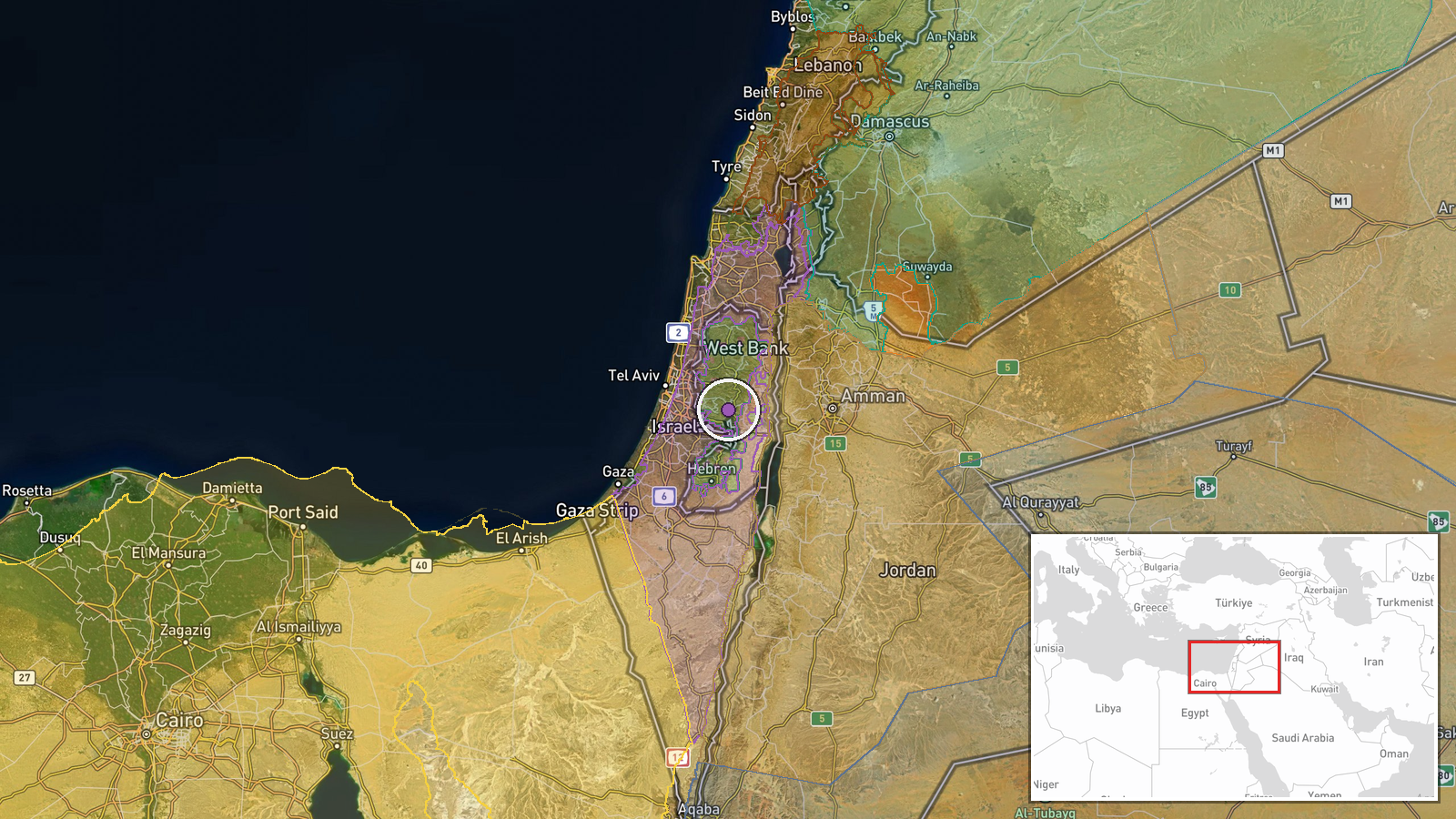 West Bank, Palestinian Territories — Security location map