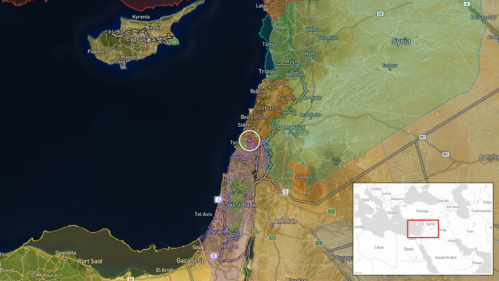 Nabatieh, South Governorate, Lebanon — Airstrike location map