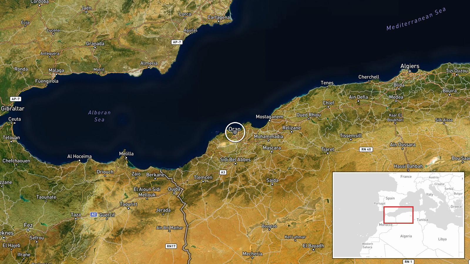 Mediterranean Sea, between Oran, Algeria and Eastern Mediterranean — UAS Strike location map