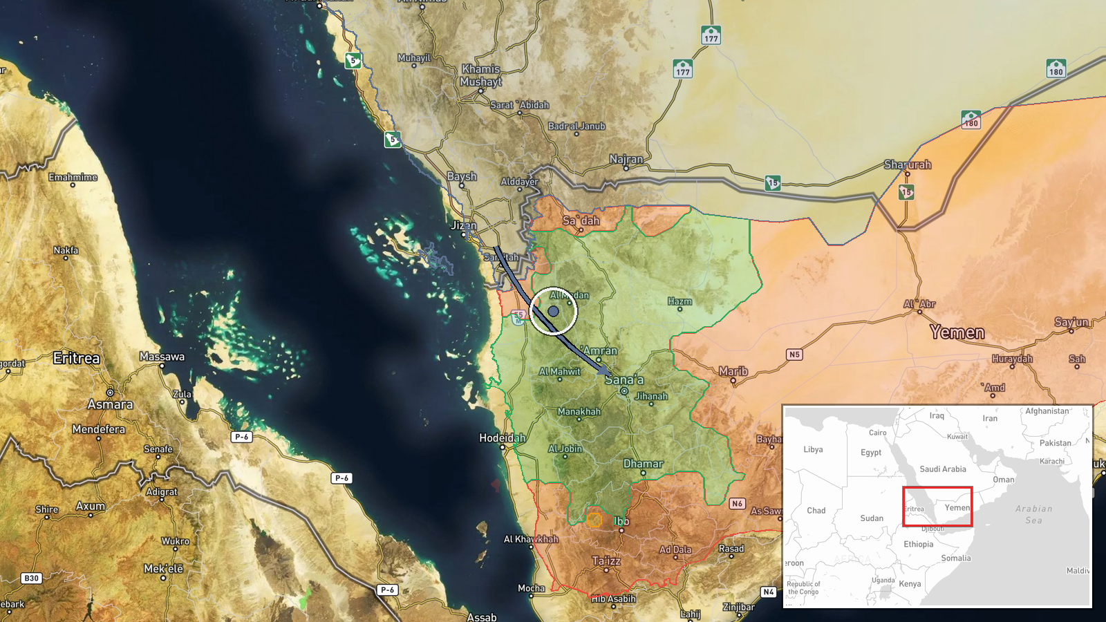 Houthi-held frontline area, Al Jawf axis, Yemen (approx.) — Airstrike location map