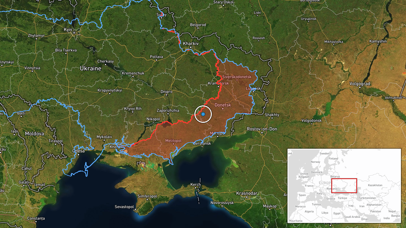 Southwest of Kostyantynivka, near Velyka Novosilka or Vremivka, Donetsk Oblast, Ukraine — Combat location map