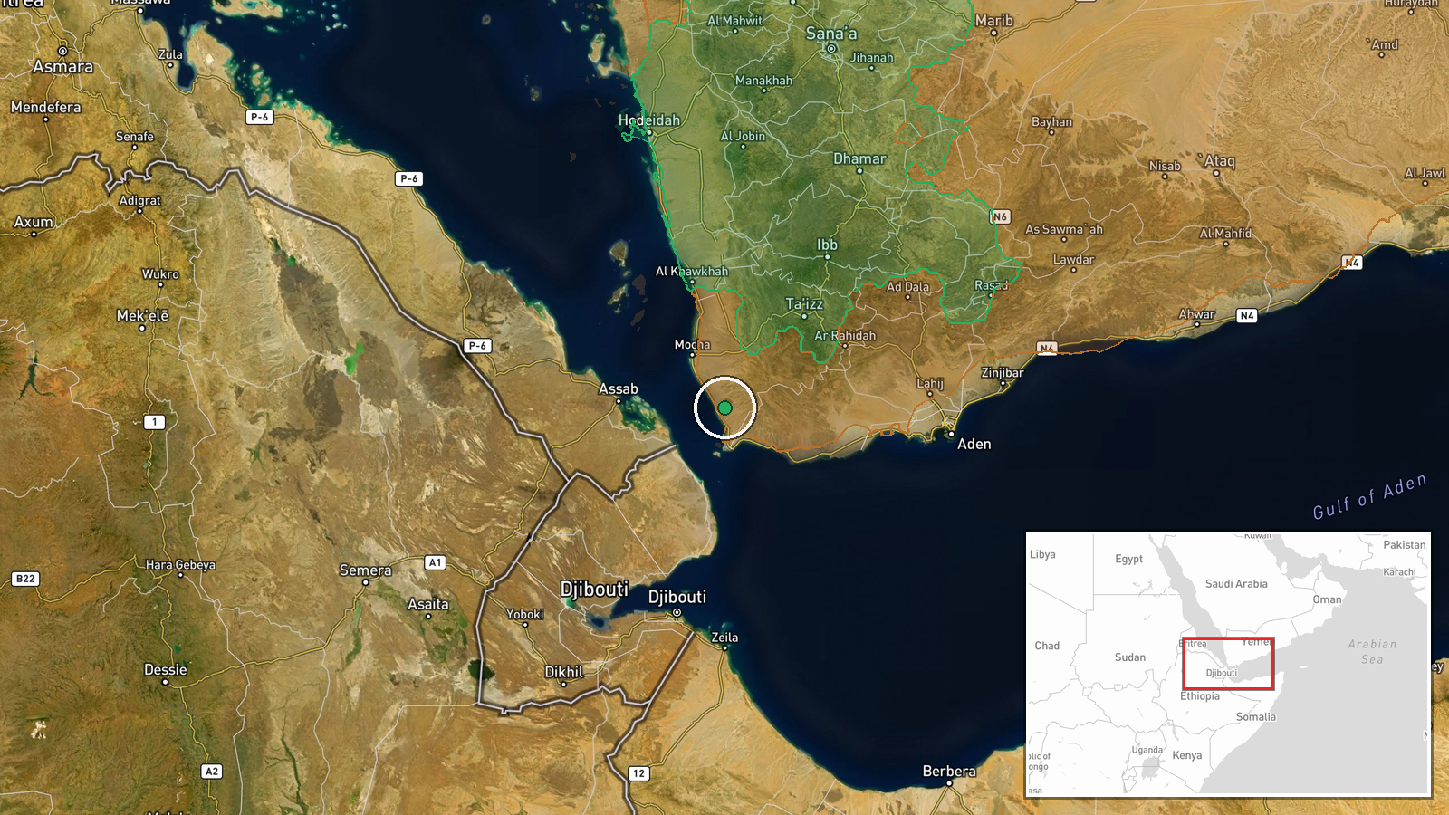 Bab al-Mandab area, Taiz Governorate, Yemen or Al-Khokha, Taiz Governorate, Yemen — Combat location map