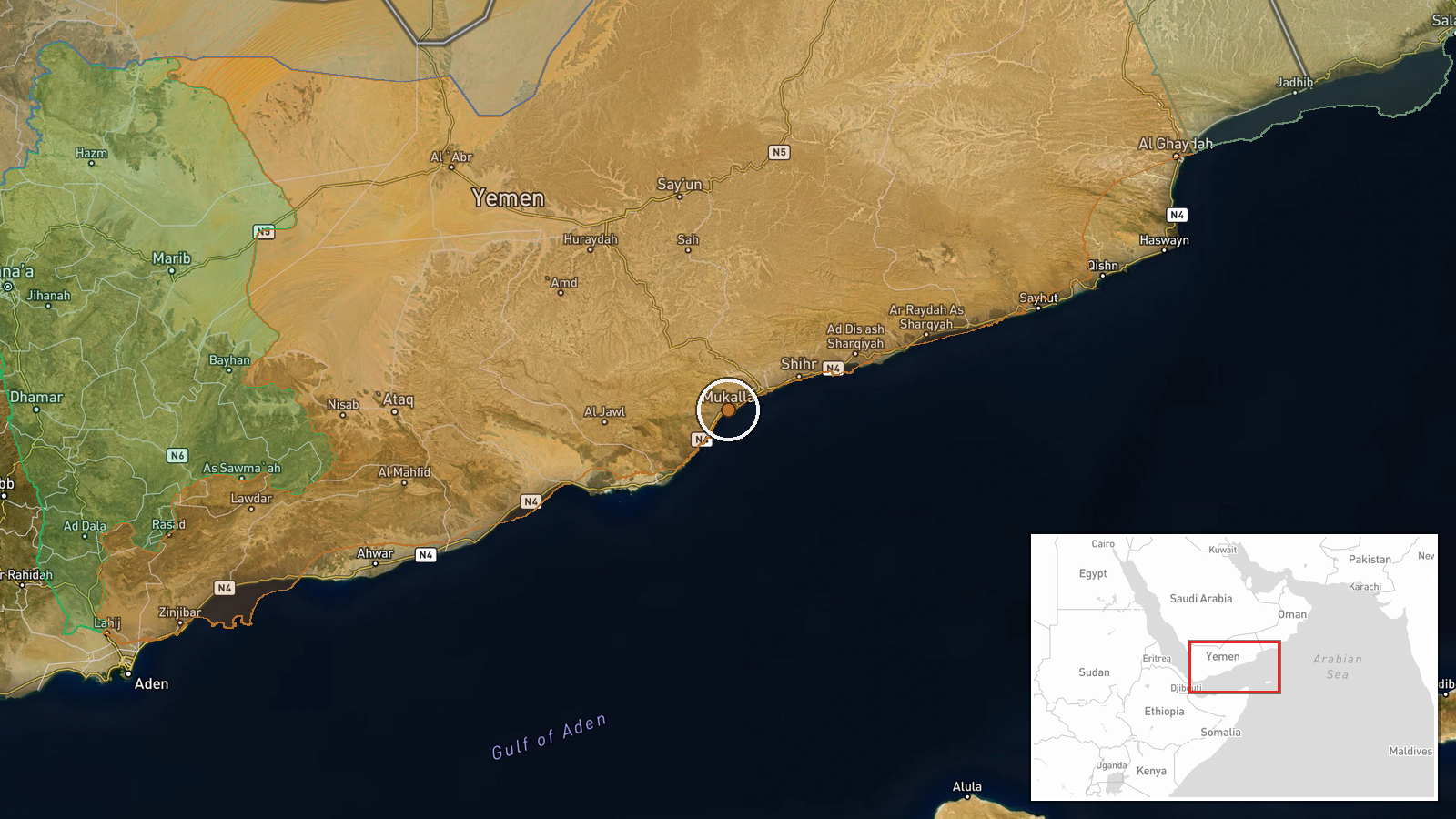 Al-Mukalla, Hadhramaut, Yemen — UAS Strike location map