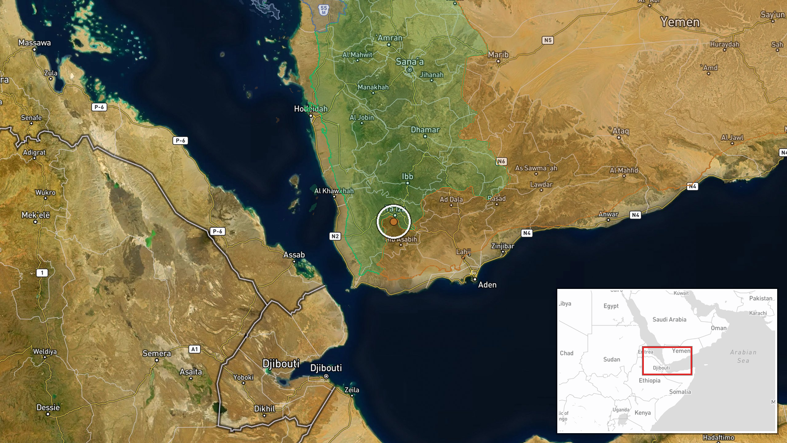 Taiz Province, Yemen — Airstrike location map