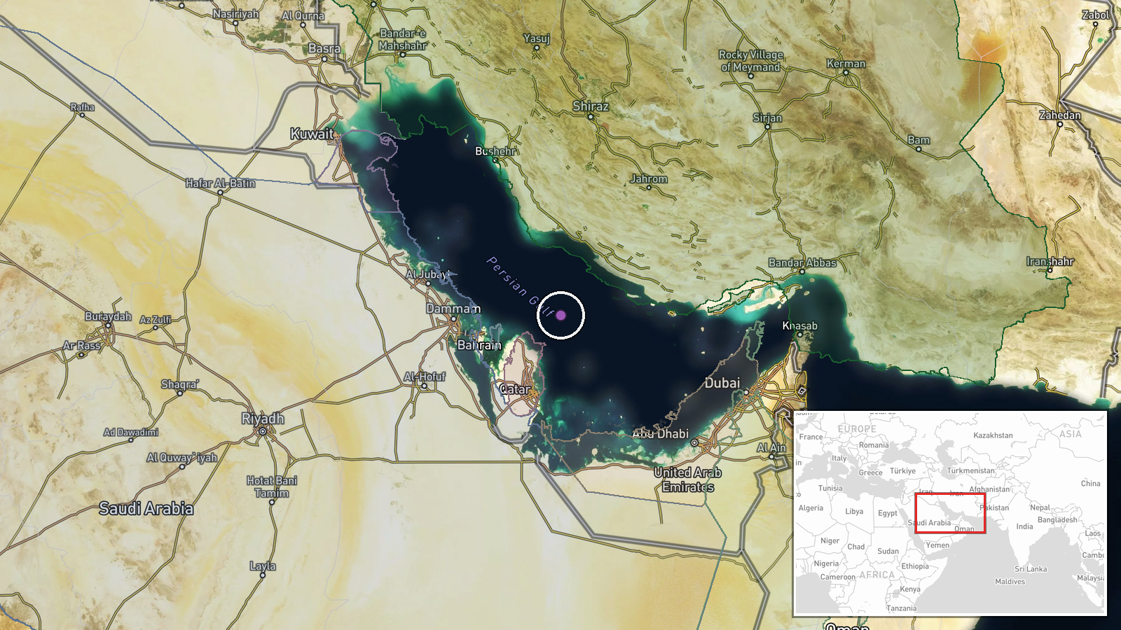 Persian Gulf, Arabian Sea — Airstrike location map