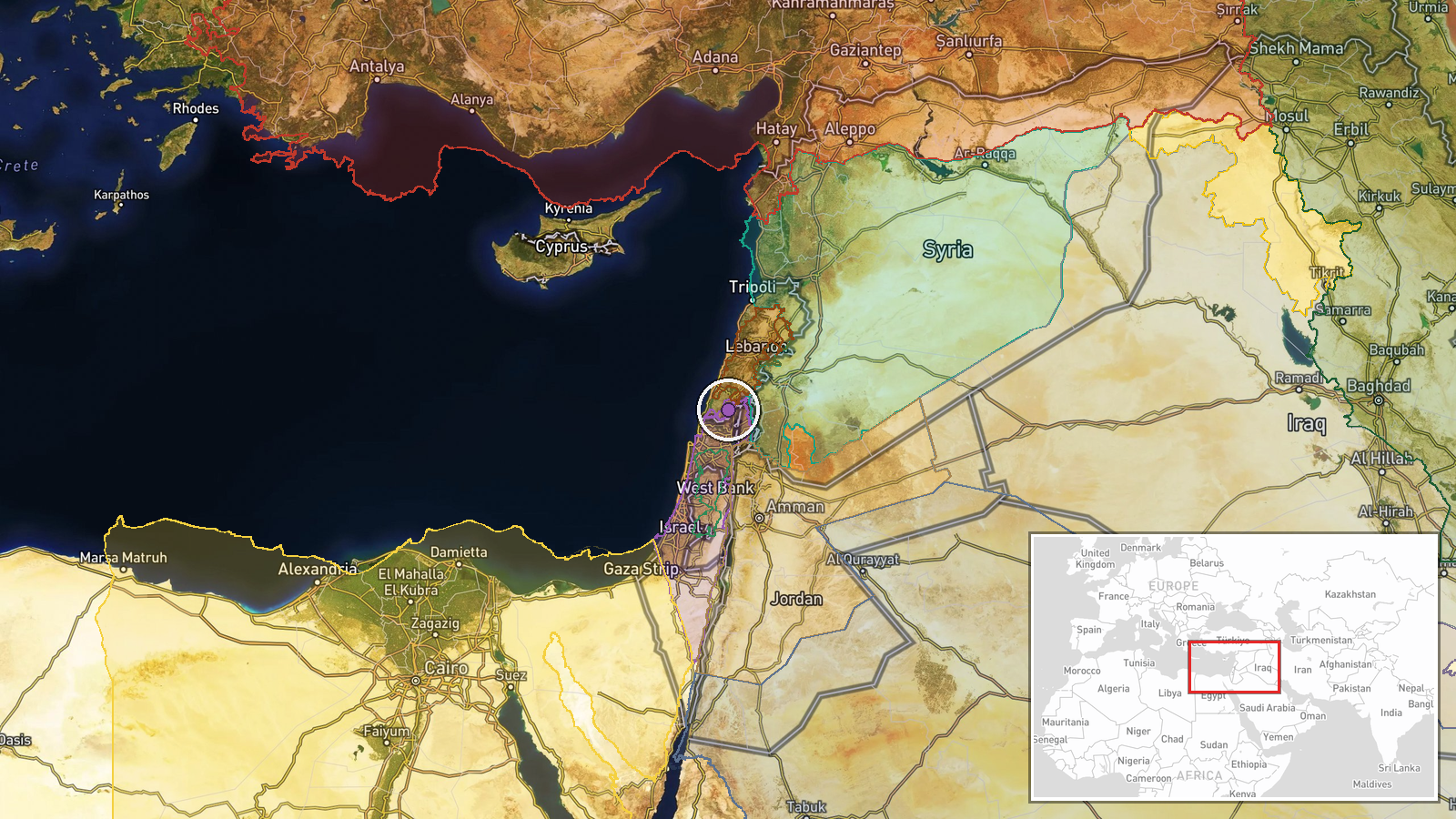 Western Galilee, Upper Galilee, Hula Valley, Ramim Ridge, Northern Golan Heights, Israel — Siren location map