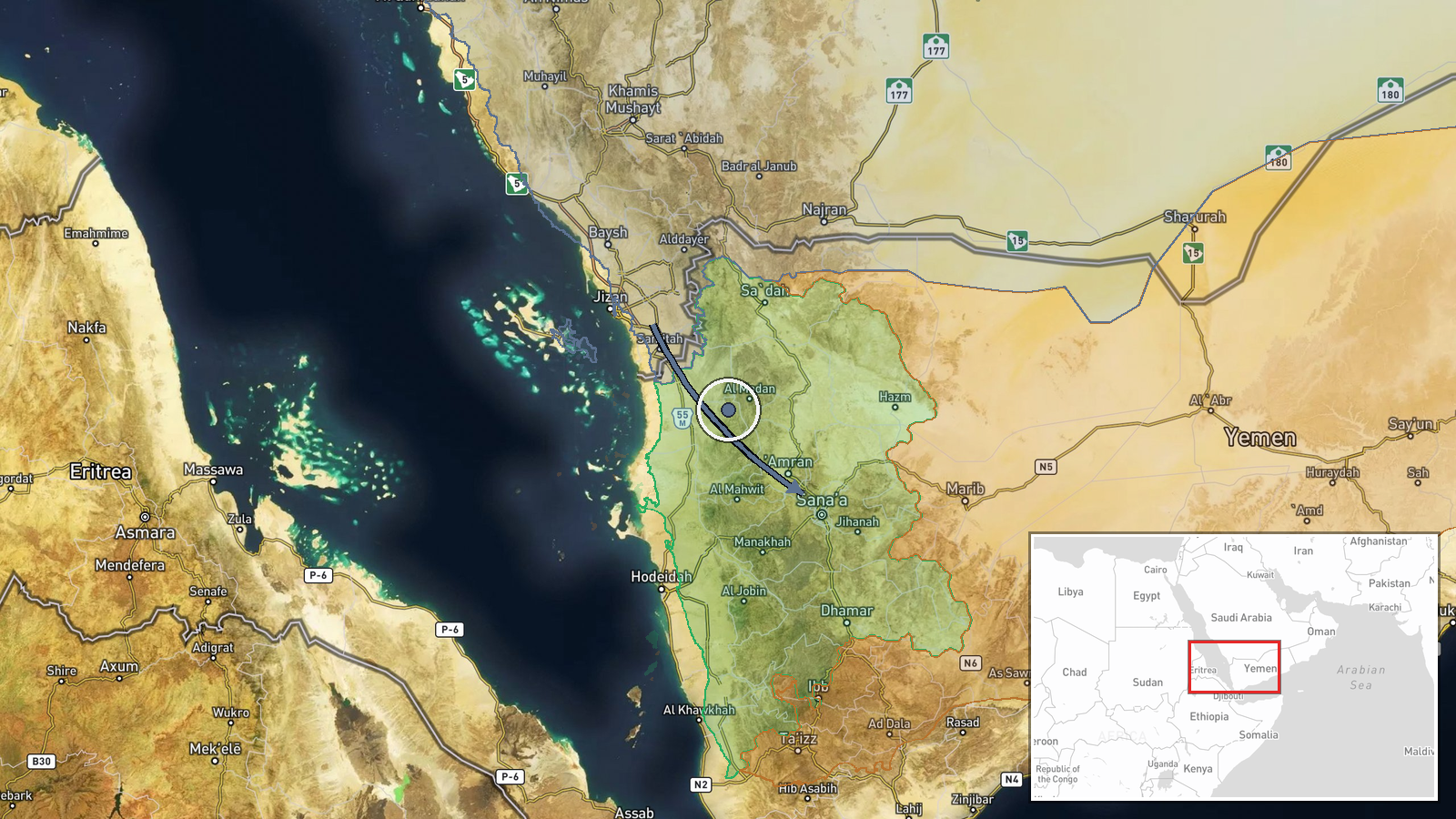 Sanaa, Yemen — Ballistic Missile location map