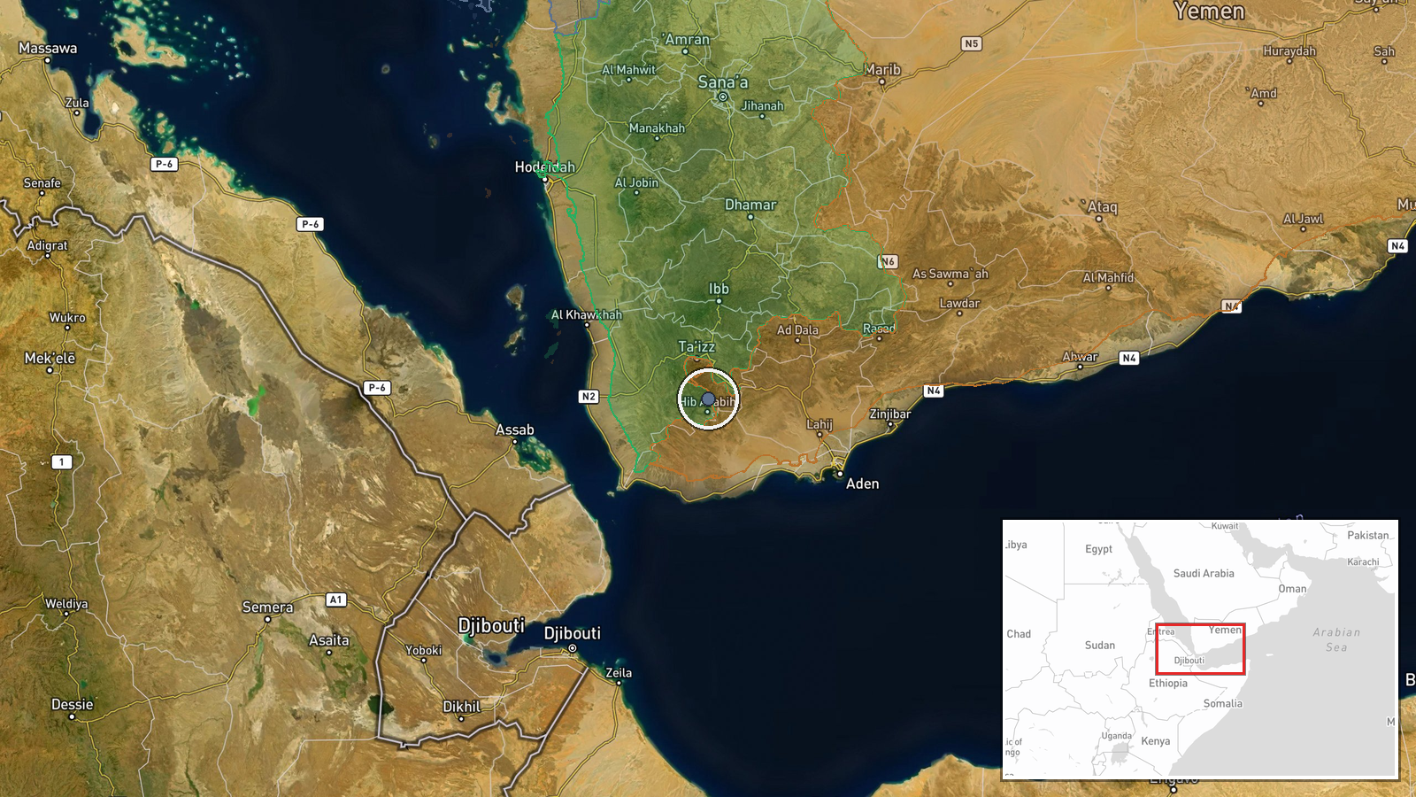 Al-Mawasit District, Taiz, Yemen — Airstrike location map