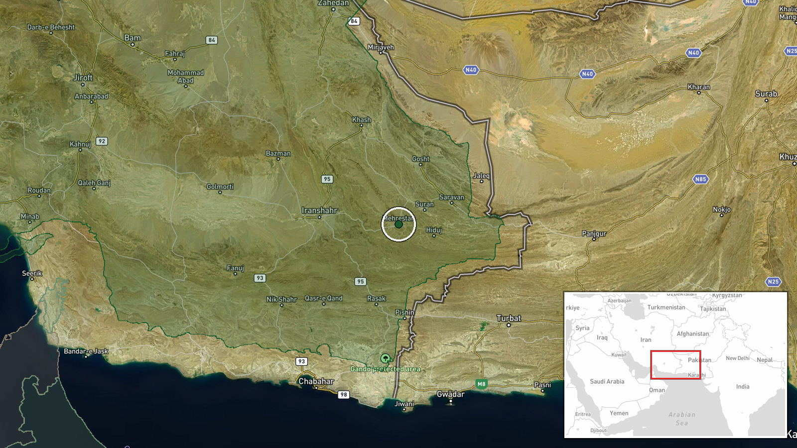Mehrestan, Sistan and Baluchestan Province, Iran — Security location map