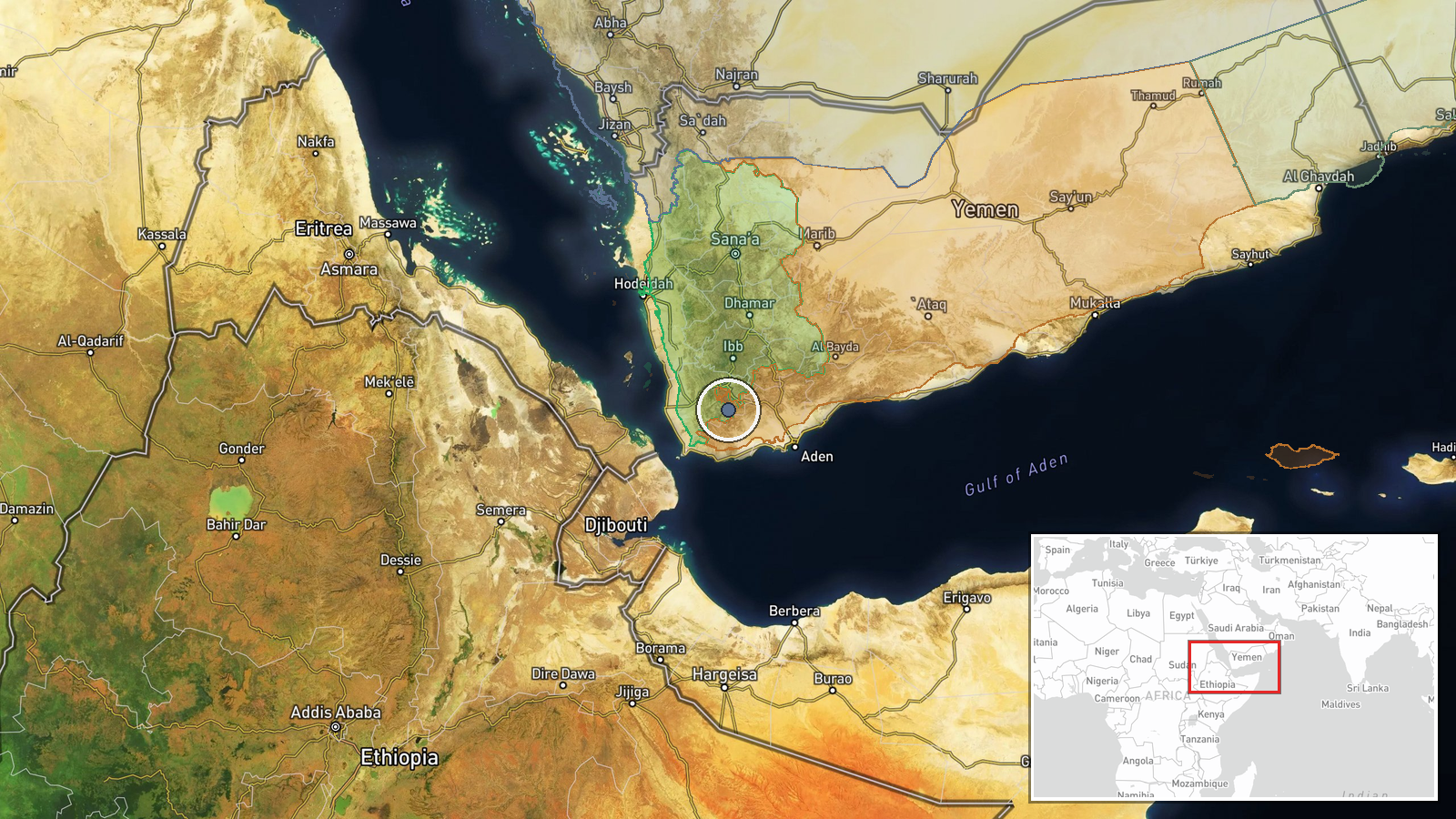 Near Rada`, Ta'izz, Yemen (front line, estimated) — Airstrike location map