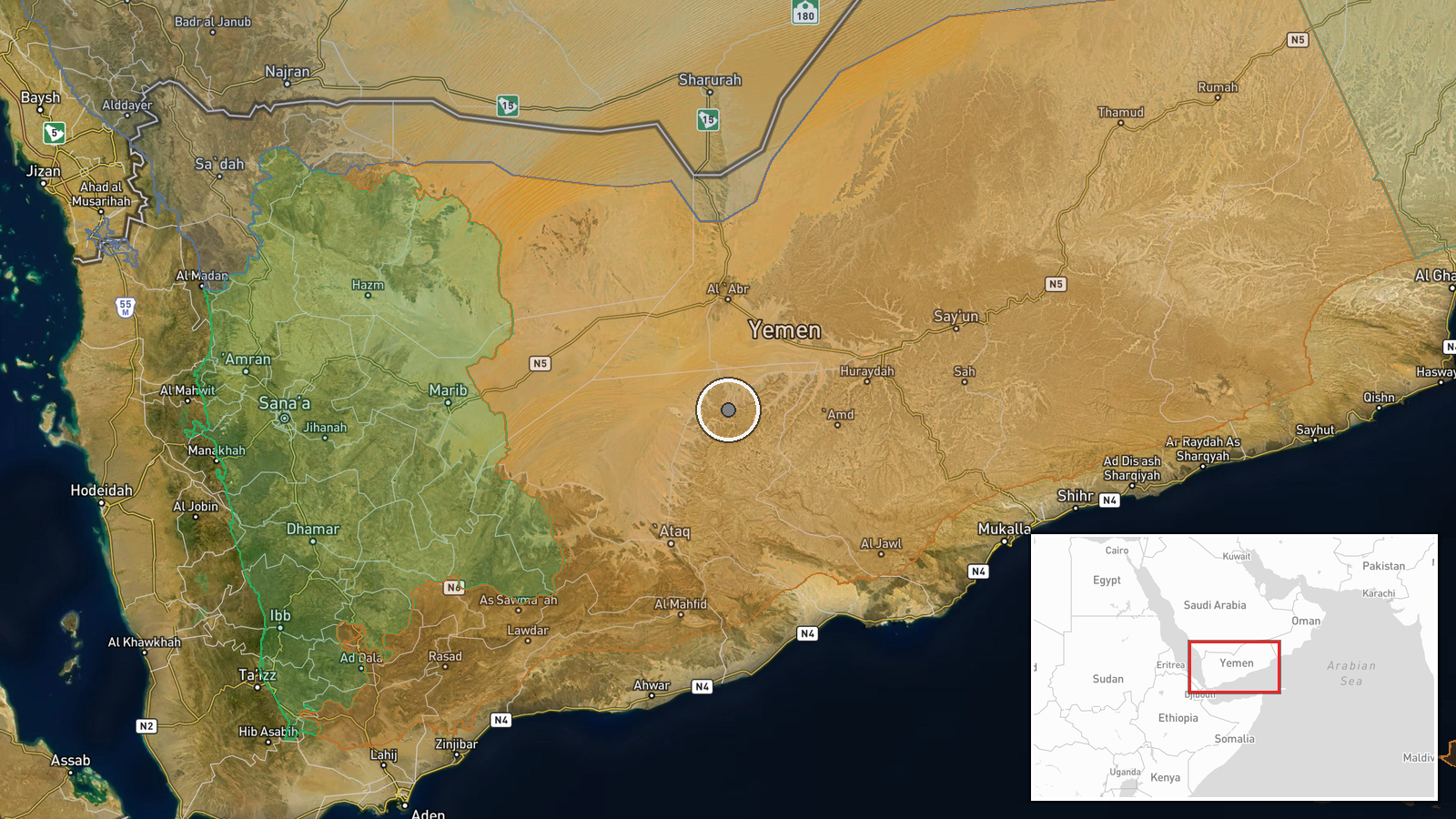 Arma District, Shabwah, Yemen — Artillery location map