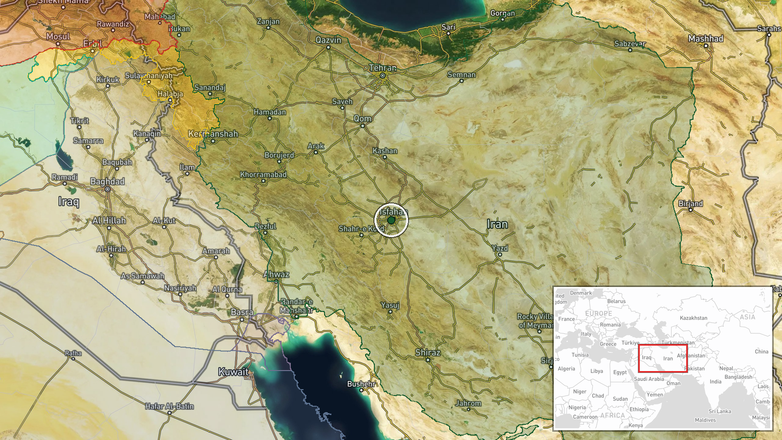 West Isfahan, Isfahan Province, Iran (launch reported) — Missile Transit location map