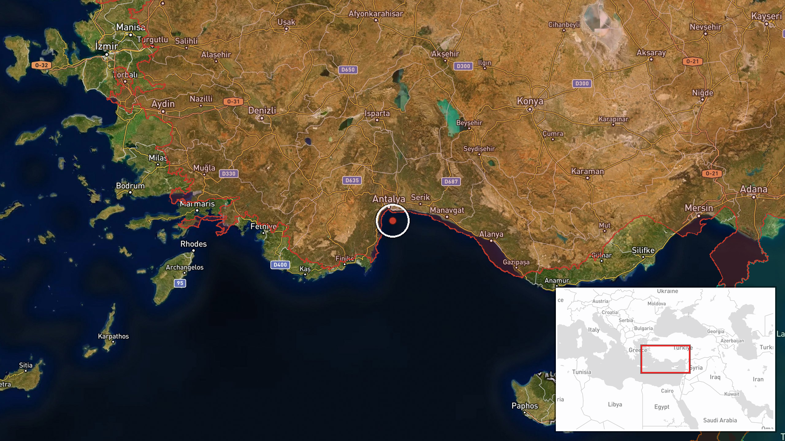 Off Antalya coast, Mediterranean Sea, Turkey — Report location map