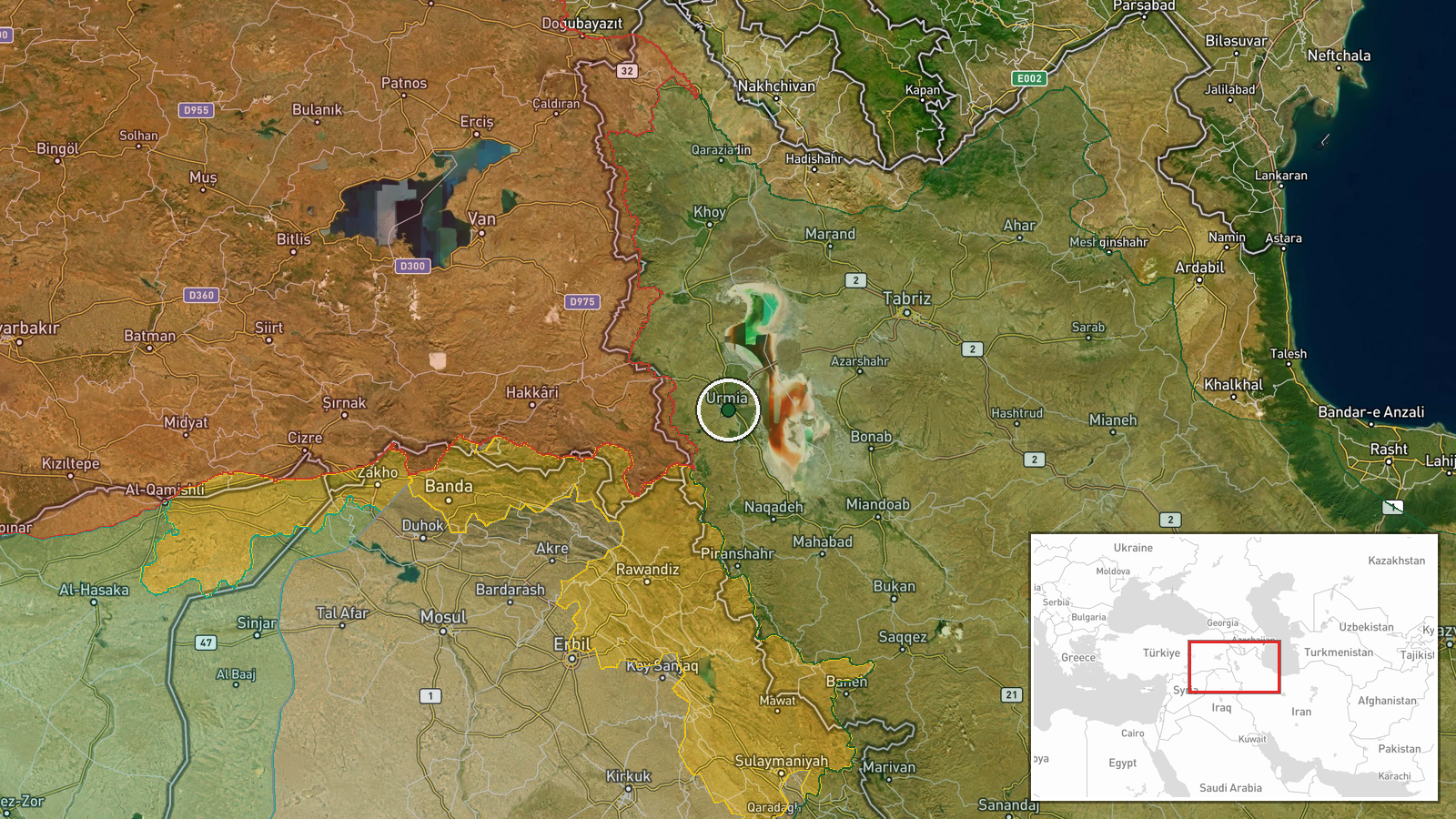 Urmia, West Azerbaijan Province, Iran (launch reported) — Missile Transit location map