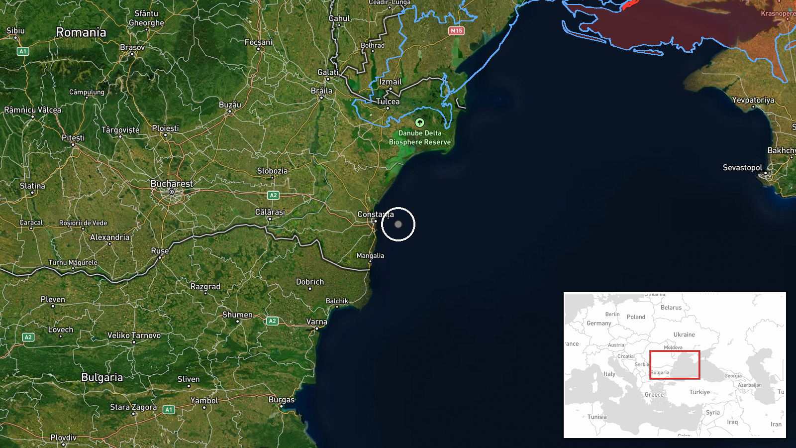 Black Sea, 13nm off Constanța, Romania — UAS Strike location map