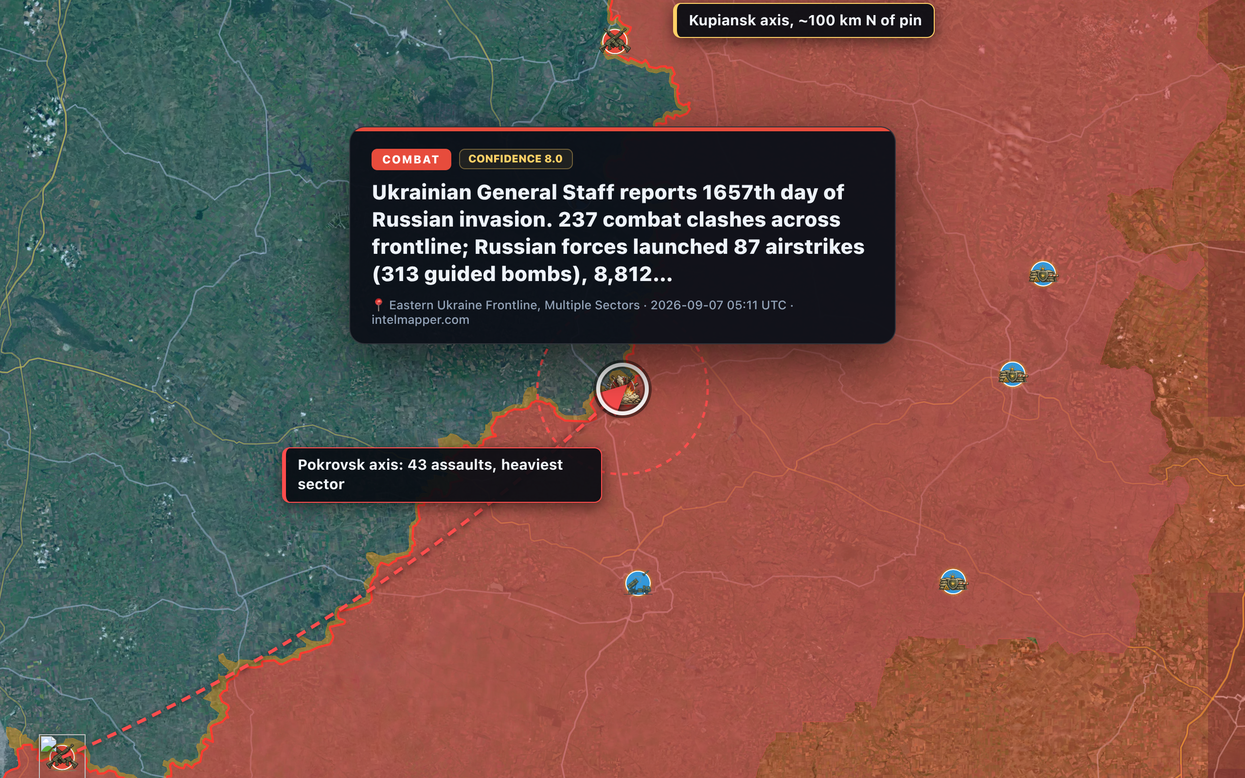 Eastern Ukraine Frontline, Multiple Sectors — annotated map