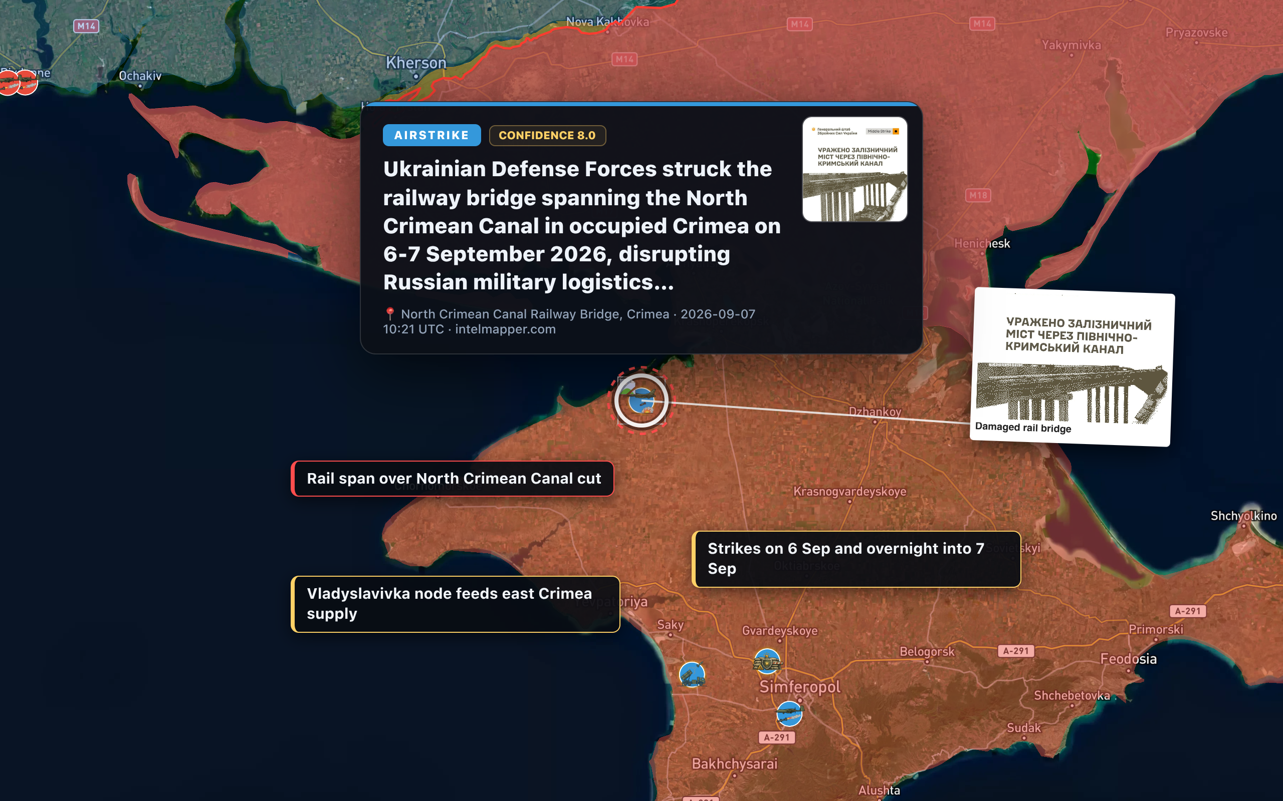 North Crimean Canal Railway Bridge, Crimea — annotated map