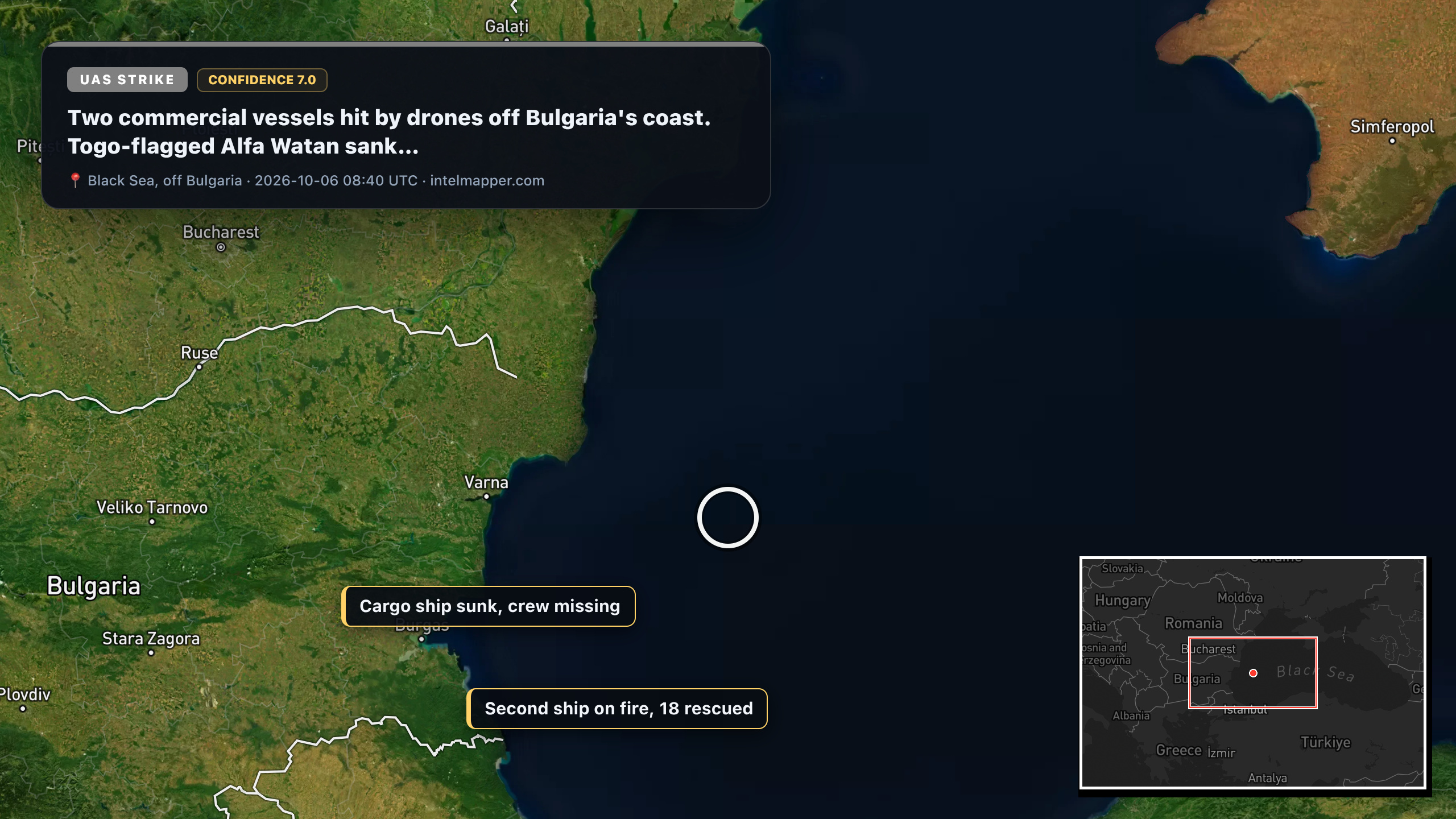 Black Sea, off Bulgaria — annotated map