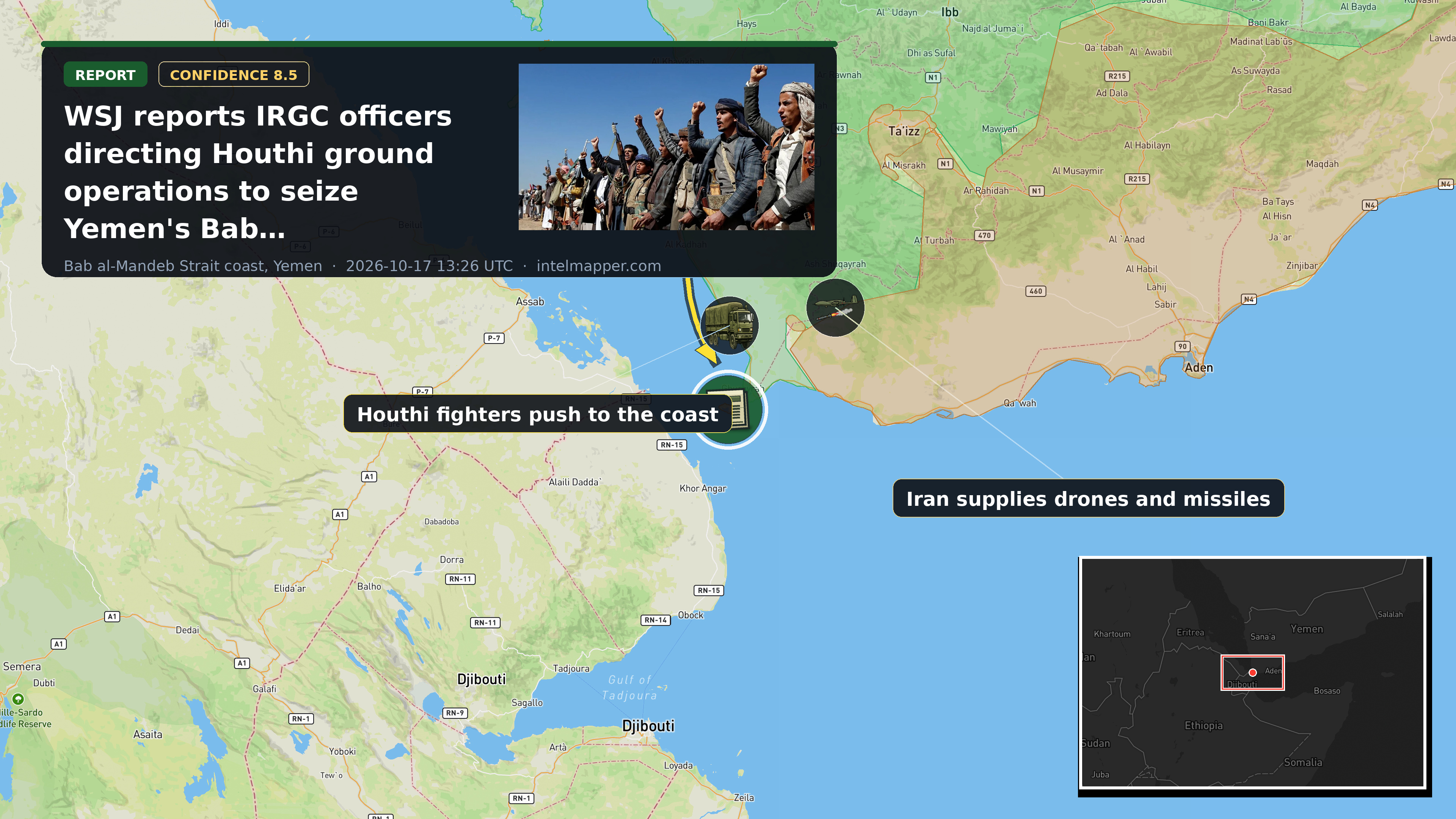 Bab al-Mandeb Strait coast, Yemen — annotated map