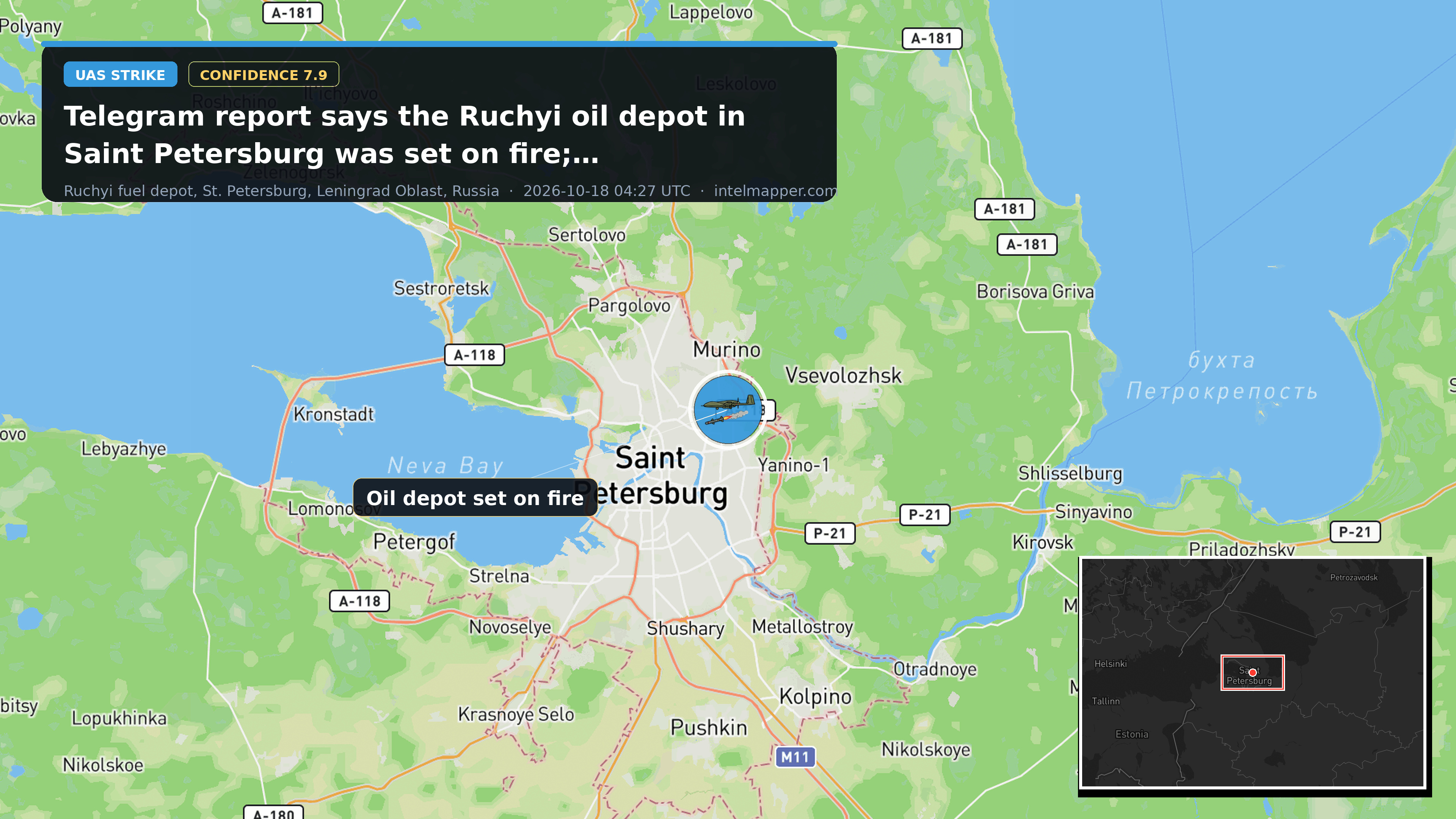 Ruchyi fuel depot, St. Petersburg, Leningrad Oblast, Russia — annotated map