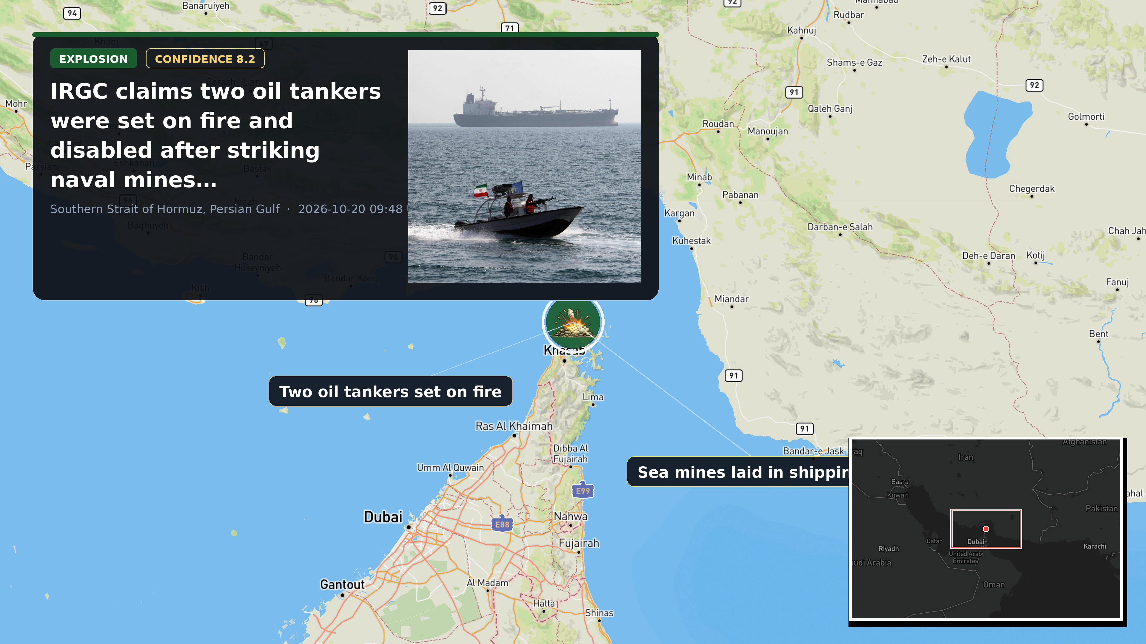 Southern Strait of Hormuz, Persian Gulf — annotated map