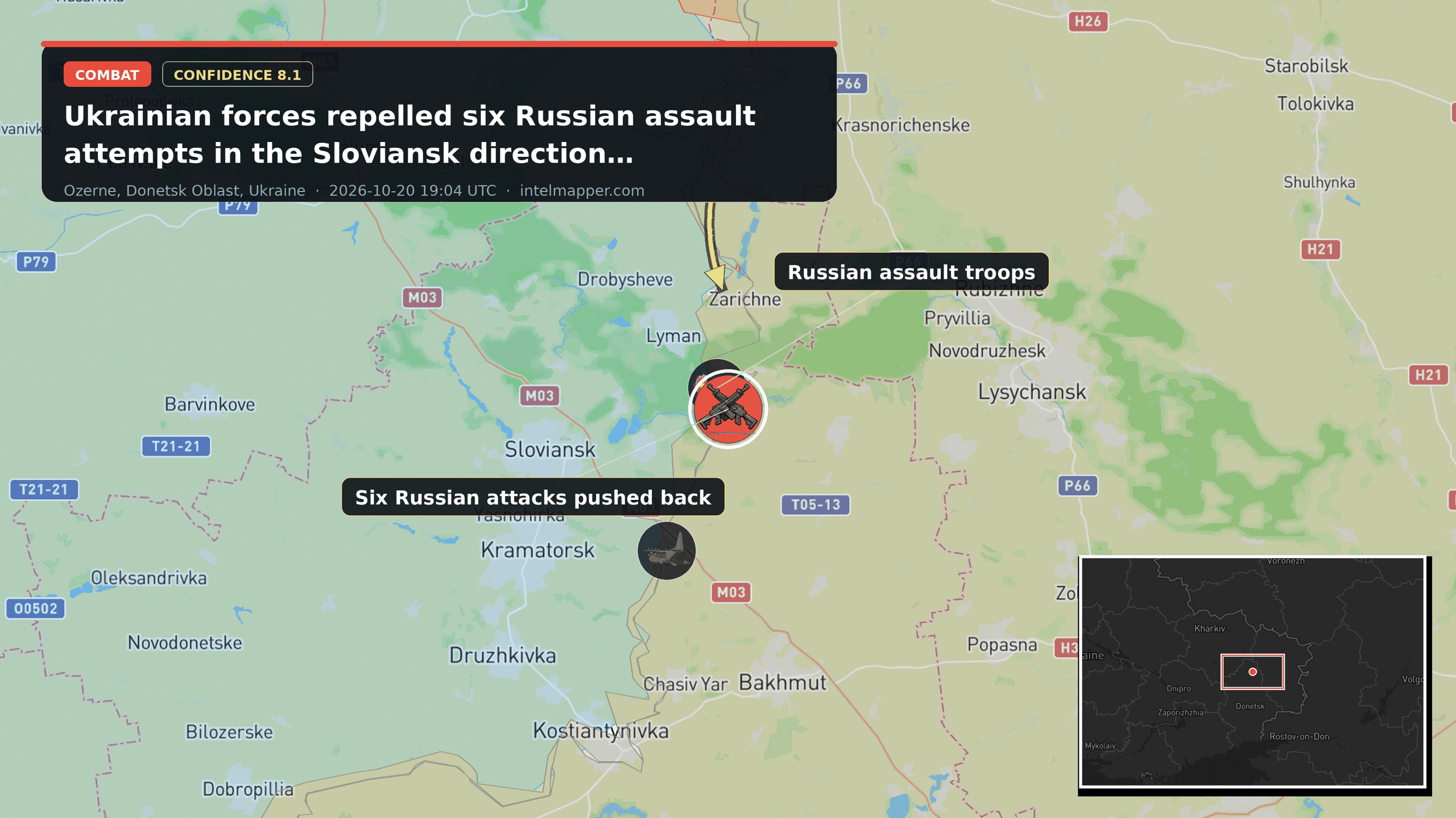 Ozerne, Donetsk Oblast, Ukraine — annotated map